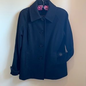 Black wool, lined coat with 4 bottom front and a button on each arm